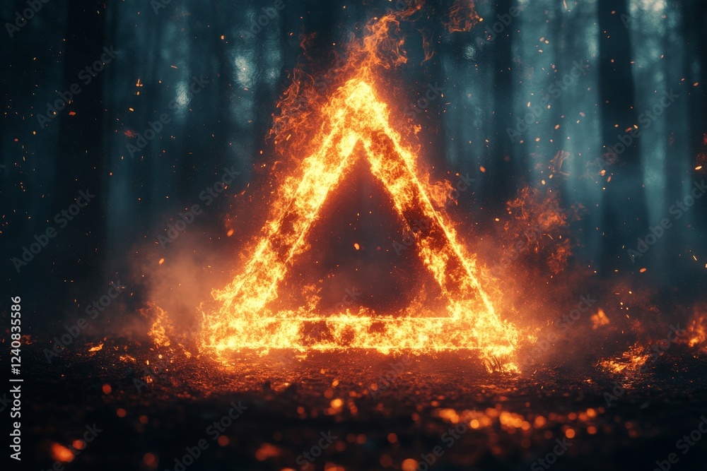 Poster Bright orange flames form a fire triangle shape in a dark forest setting at night creating an eerie atmosphere