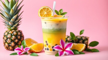 A clear plastic cup filled with a refreshing beverage sits amidst a colorful array of fruits, including pineapples, lemons, and dark tapioca pearls, all arranged on a table with a pink background.