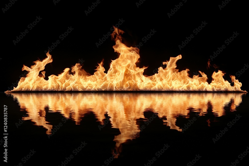 Poster Dynamic flames reflect on calm water surface at night creating an enchanting visual experience