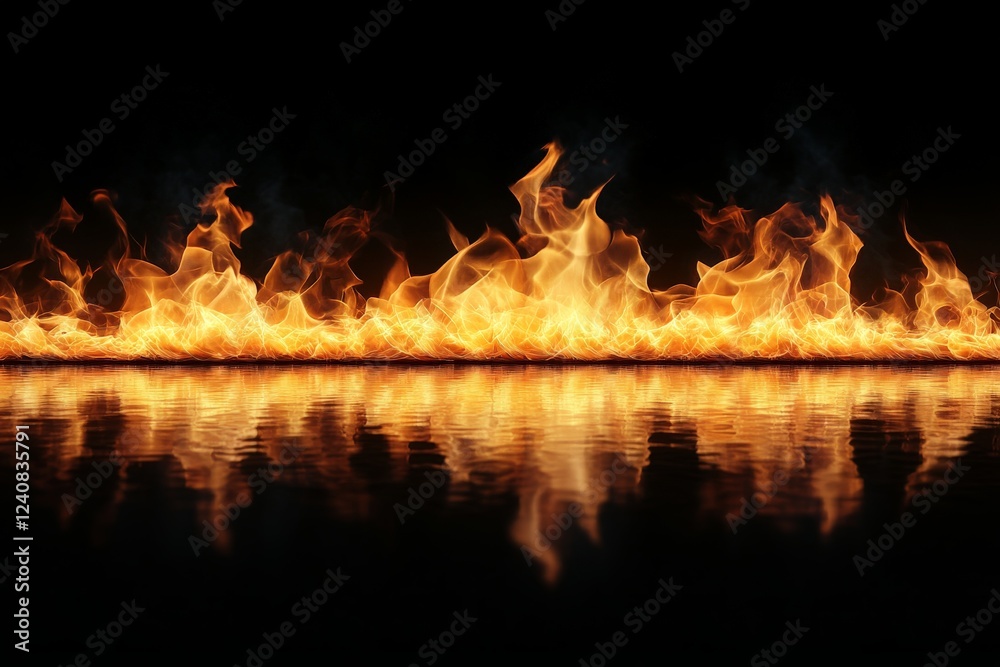 Aufkleber Flames dancing on a reflective surface create a mesmerizing visual display at night in a dark setting