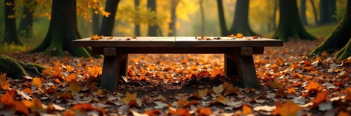 Leaves and twigs carpet the forest floor beneath a rustic wooden table, autumn forest, natural surroundings
