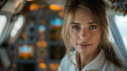 Fototapeta premium Young Woman Pilot Airplane Cockpit Portrait, Sky Background for Travel and Adventure.