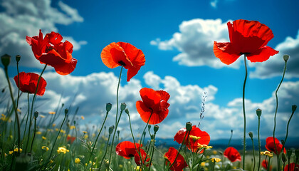 Obraz premium Vibrant red poppies swaying in a sunny meadow under a blue sky with fluffy clouds in the background