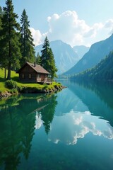 Fototapeta premium A tranquil lake with a small wooden cottage in the background, serene, tranquil, greenery