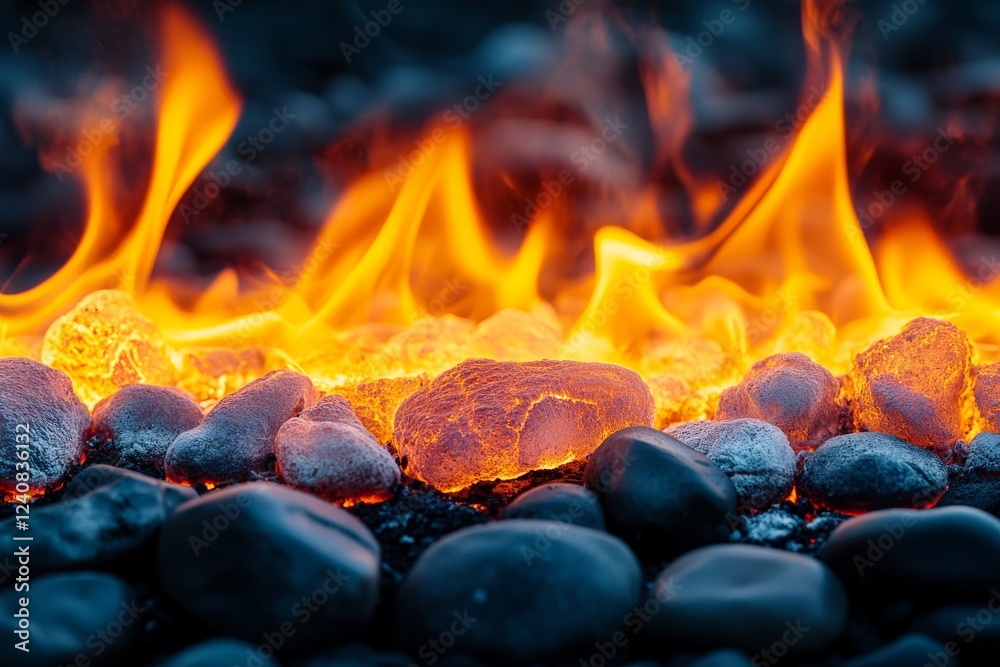 Leinwandbilder glowing embers on a rocky surface create a mesmerizing display of fire and heat during twilight hour