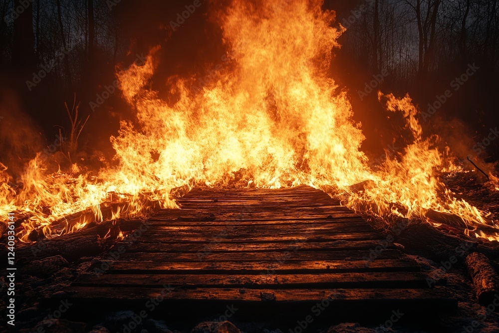 Poster Flames engulf wooden path in a forest during nighttime, creating a dramatic and intense atmosphere