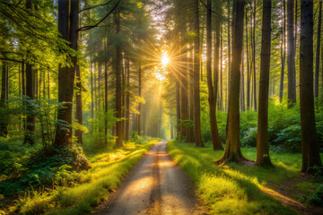 Obraz premium A Narrow Dirt Path Through a Sunlit Forest