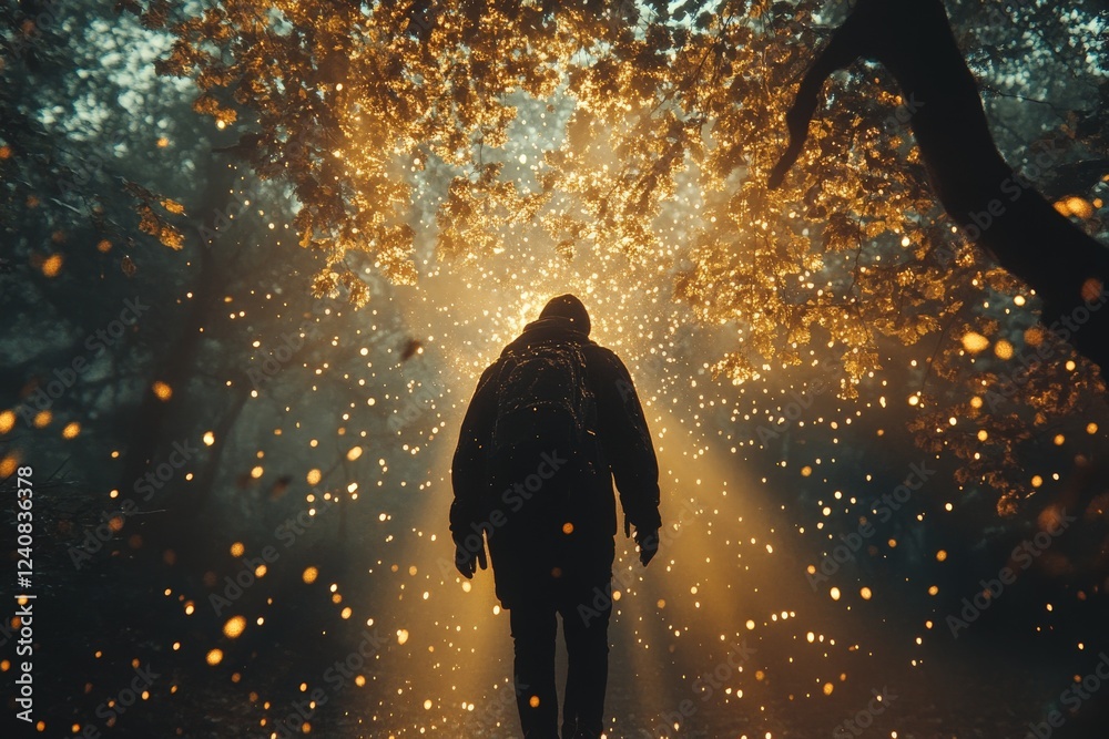 Poster Sunlight filters through autumn trees as a person walks in a serene forest during golden hour