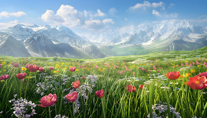 Vibrant spring meadow filled with colorful flowers, set against majestic snow-capped mountains under a clear sky