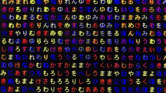 三原色・コンピュータ空間のランダムな文字列・さまざまな文字を含むデータベース・エンコードされたプログラム内のデータセット・数学的計算・大規模言語モデル・機械翻訳・ひらがな・日本語・横長・ビデオ
