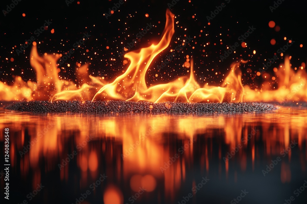 Poster flames dance above a reflective surface, creating a mesmerizing display of fire and light during the