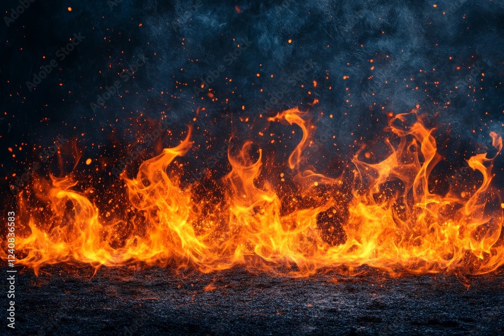 Poster Bright flames dance wildly against a dark backdrop, creating an intense and captivating display of fire’s raw power and beauty