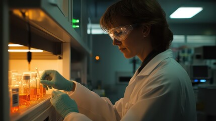 Scientist conducting experiments in a laboratory, analyzing samples with focused precision