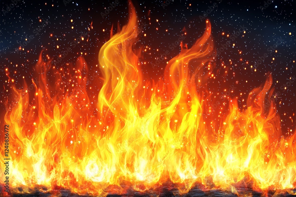 Poster flames dance in vivid colors against a dark background creating an intense visual atmosphere filled 