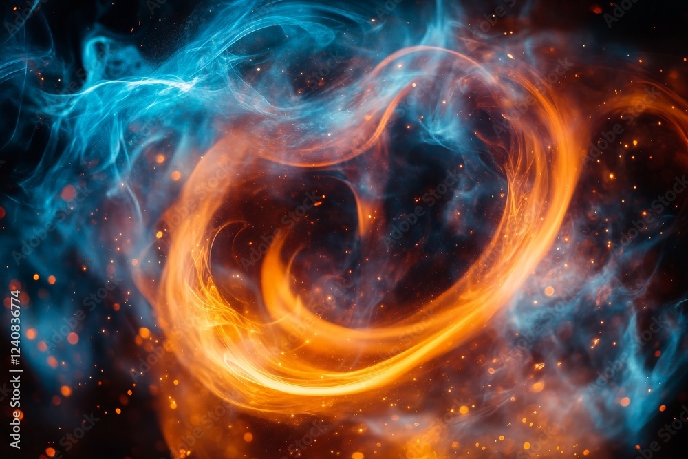 Aufkleber colorful swirl of orange and blue flames against a dark background depicting dynamic energy and move