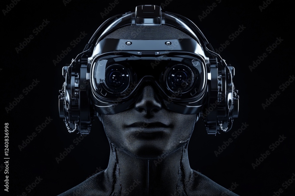 Poster futuristic humanoid model with advanced virtual reality headset on a dark background