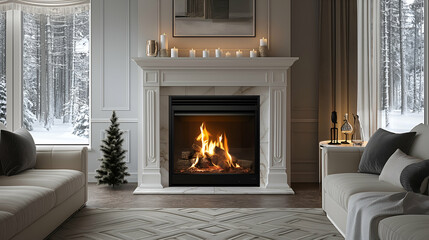 Cozy Winter Fireplace Warm Living Room, Snowy View with Homey White Decor.