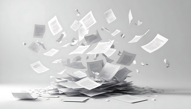 A dynamic scene of floating white papers with printed text, scattered mid-air against a pristine white backdrop, symbolizing paperwork overload and stress. 3D Rendering.

