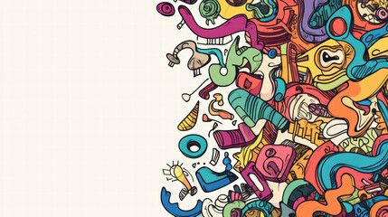 vibrant mix of doodle shapes in bright colors, creating inviting and cheerful atmosphere. playful design features various artistic elements, perfect for creative projects