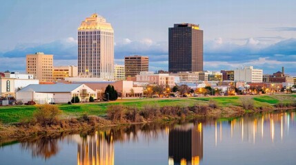 Fototapeta premium Scenic View of Urban Skyline Reflected in Calm River Waters at Dusk