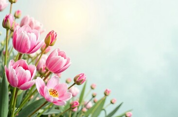 Fototapeta premium Frame with space for text surrounded by tulips, perfect for 8th March, Mother's Day, or spring greetings. Ideal for cards, ads, or social media. Created with vibrant colors and soft light