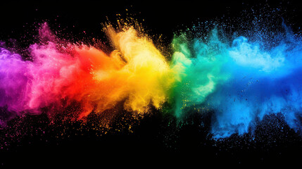 Colorful powder explosion creating vibrant rainbow effect against black background, showcasing blend of red, orange, yellow, green, blue, and purple hues
