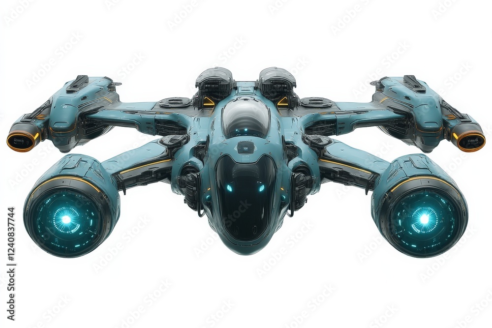 Poster Futuristic spacecraft with advanced design and glowing engines captured from a frontal perspective