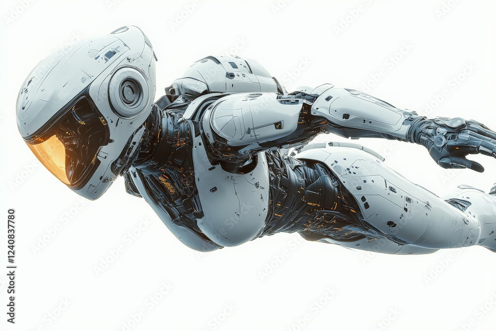 Poster Futuristic humanoid robot navigating through a sleek, minimalistic environment with an emphasis on advanced technology