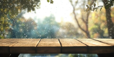 Wooden Table in a Rain-Kissed Forest Setting