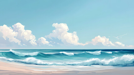 Fototapeta premium A pastel blue beach scene with soft waves and clear skies.