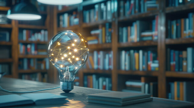 glowing light bulb with network connections symbolizes knowledge and innovation in library setting. Bookshelves filled with books create scholarly atmosphere - Powered by Adobe