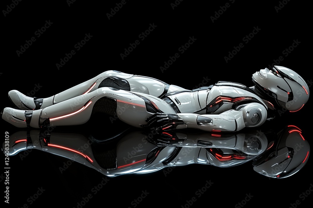 Fototapete robot with sleek design lies on its back in a futuristic setting showcasing luminous accents and ref