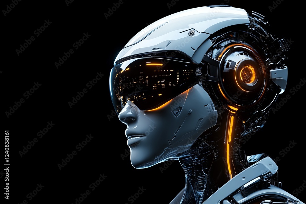 Poster Futuristic humanoid robot with sleek design and illuminated features in an urban environment at night
