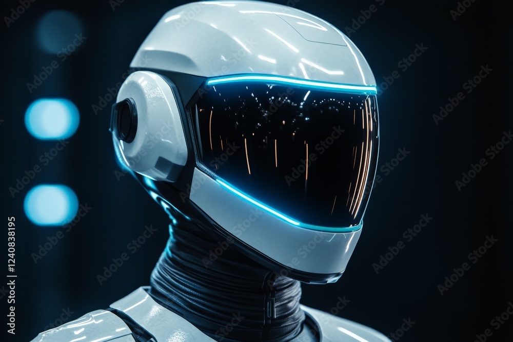 Aufkleber Futuristic robot with a sleek design and illuminated visor showcasing advanced technology in a dimly lit environment
