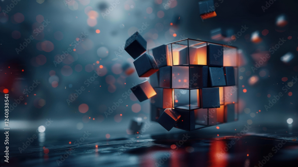 Poster glowing cube with floating pieces, surrounded by misty atmosphere, creates captivating visual effect
