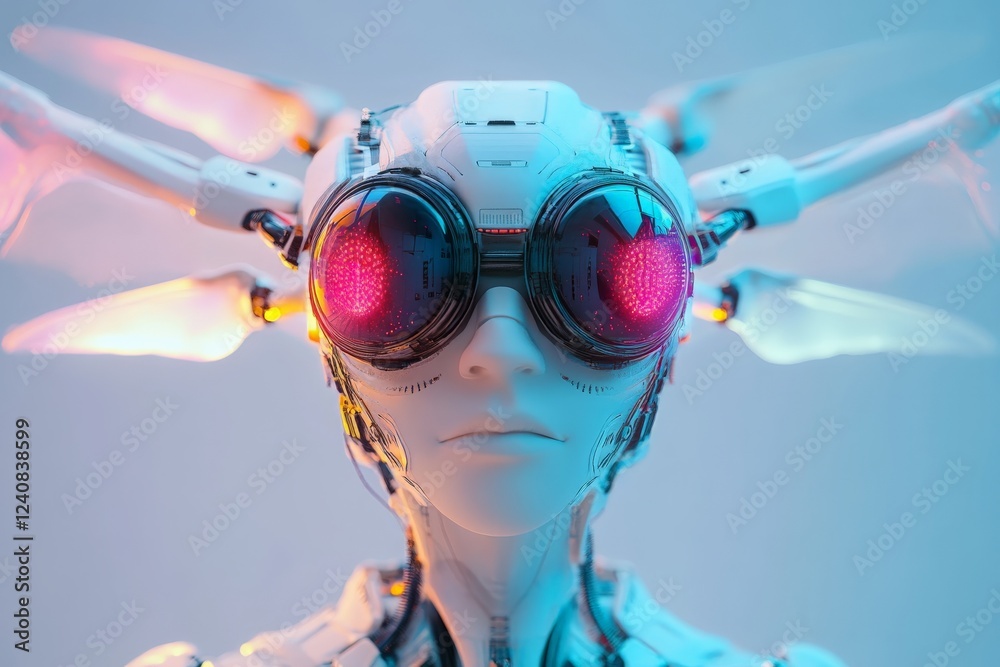 Poster Advanced humanoid robot with glowing eyes and intricate design in a futuristic setting
