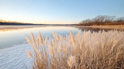 Obraz premium Frozen riverbank sunrise, reeds, winter landscape, calm water, nature scene