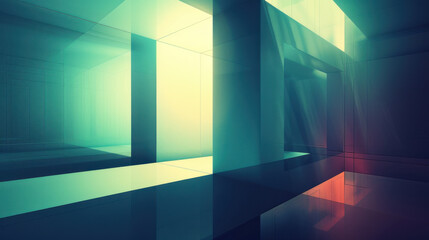 vibrant abstract composition featuring geometric shapes and reflections, creating sense of depth and light. interplay of colors adds modern touch to design