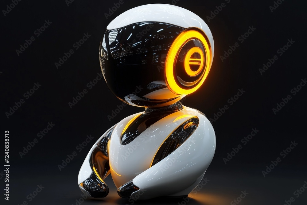 Poster Robotic figure with glowing features displayed in modern setting during evening