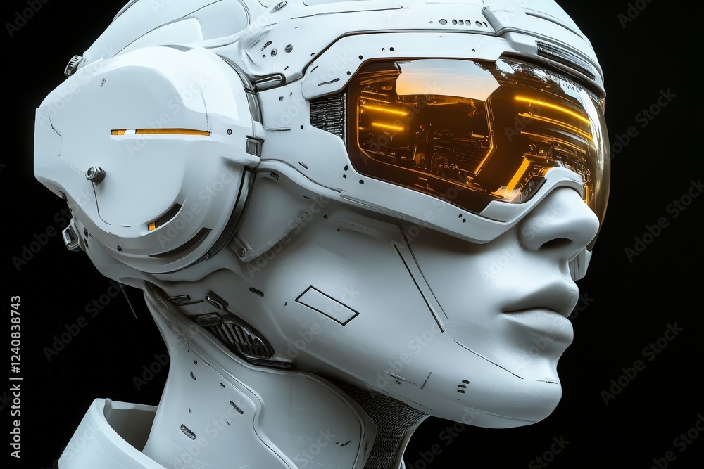 Poster Futuristic robot with sleek design showcasing advanced technology and illuminated visor features at a tech expo