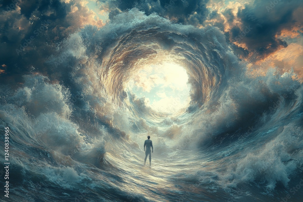 Aufkleber vast ocean waves surround a figure standing in the center of a swirling vortex of clouds and light d