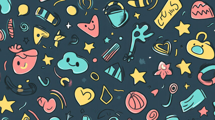 Colorful doodle shapes create fun and playful pattern, featuring whimsical designs like stars, hearts, and various abstract forms. Perfect for creative projects