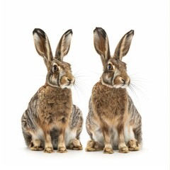Obraz premium Two alert european hares sitting side by side against a clean white background