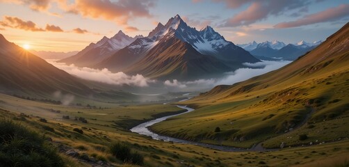 Panorama of the mountains , Scenic Mountain Landscape at Dawn