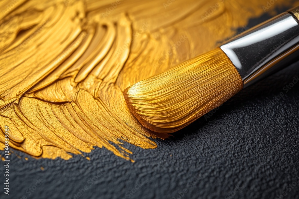 Poster golden paintbrush gliding over textured black canvas during artistic creation session indoors