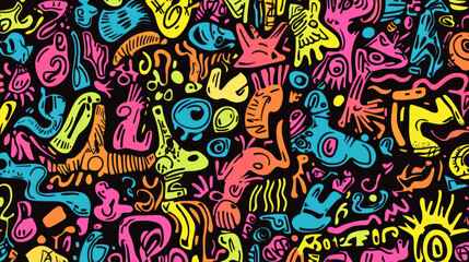 Fototapeta premium Vibrant doodle shapes in colorful abstract pattern featuring various designs and forms. This lively artwork showcases mix of bright colors and playful motifs, creating energetic visual experience