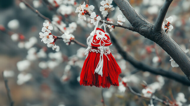 Bulgarian baba marta tradition close-up of red martenitsa on a blossoming tree branch, Baba Marta Day