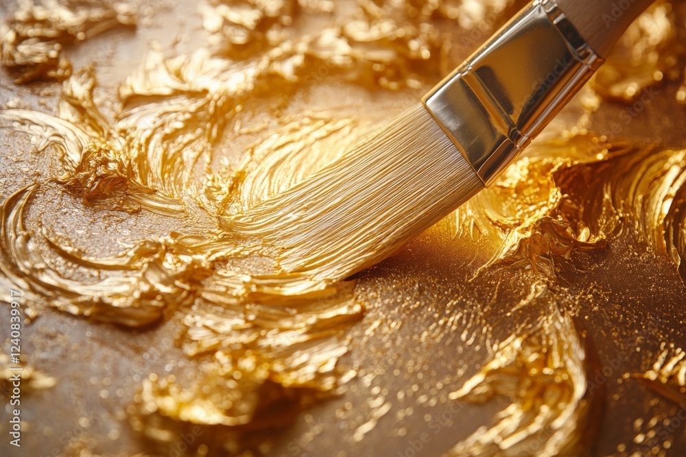 Poster Brush creates intricate patterns with shimmering gold paint on textured canvas during an artistic session