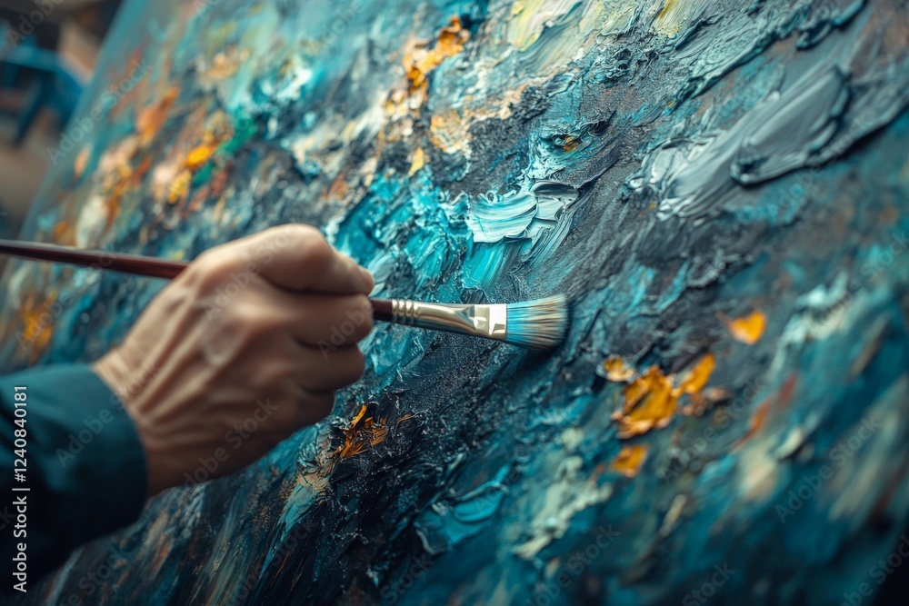 Poster colorful abstract painting process in an artist studio with a brush applying vibrant textures