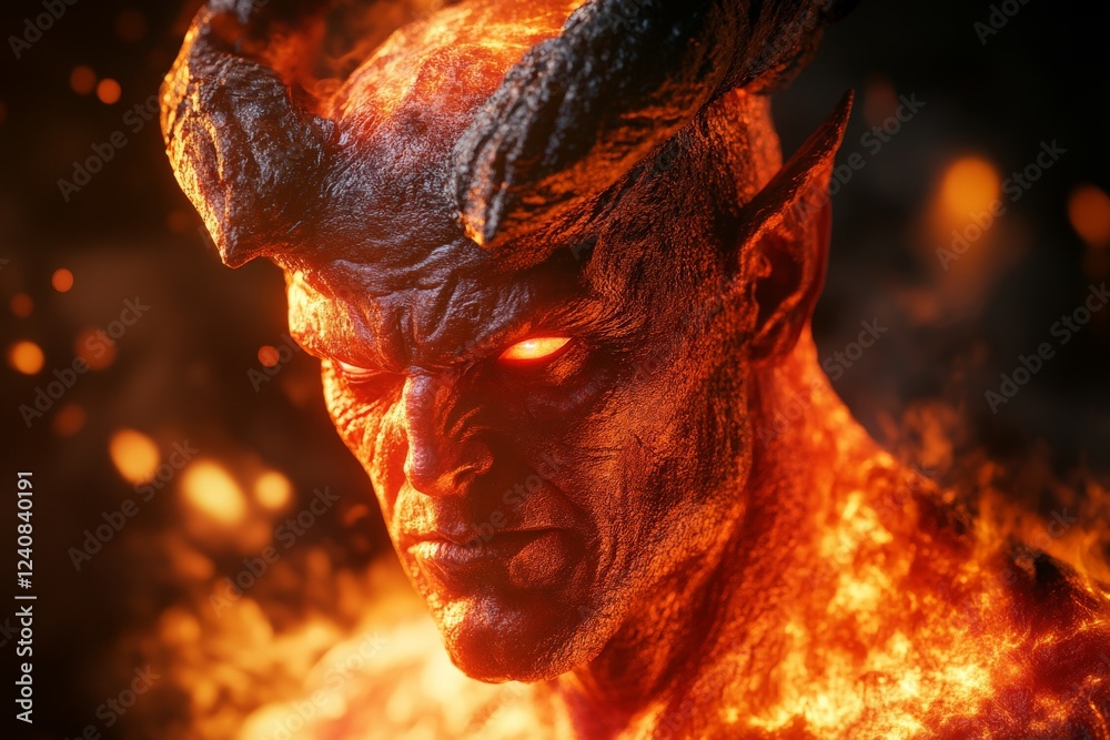 Poster fiery creature with horns and glowing eyes emerging from flames in a dark setting
